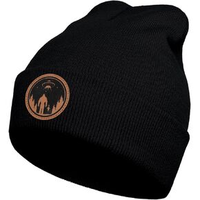 Big Foot Beanie Hat Black, Cute Funny Leather Patch Winter Knit Skull Cap Bigfoot Gifts for Adult Men Women