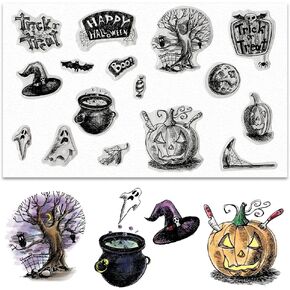 Halloween Clear Stamps for Card Making and Photo Album Decorations, Magic Potion Castle Clear Stamps, Magic Hat Pumpkin Words Transparent Silicone Rubber Stamps for Card Making and DIY Scrapbooking