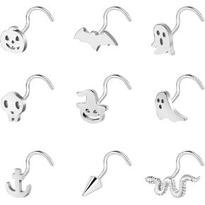 BodyAce 20G Halloween Nose Piercing Jewelry, Stainless Steel Nostril Studs Black Nose Rings, Gothic Bat Screw Nose Stud L Shaped Skull Ring for Women Men