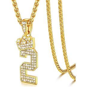 U7 Crown Number Necklace for Men Women 18K Gold Plated Bling CZ Number Chain 0-9,Hip Hop Jewelry for Rapper,with Wheat Chain 22"-24"