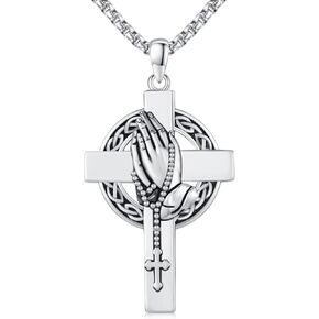 Celtic Knot Cross Necklace 925 Sterling Silver Celtic Knot/Viking Runes/Trinity/Praying Hands Cross Pendant Necklace Nordic Viking Runes Celtic Knot Irish Cross Jewelry Gifts for Men Women Boys