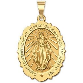PicturesOnGold.com Miraculous Medal Scalloped Oval - 1/2 Inch X 2/3 Inch - Solid 14K Yellow Gold