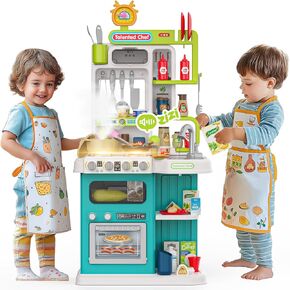 96PCS Kids Kitchen Playset, Play Kitchen with Sound & Light, Cooking Stove with Steam, Play Food Toy Kitchen Accessories, Play Sink, Oven, Pretend Play Kitchen Toys Set for Boys and Girls (Green)