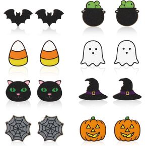 Whaline 8 Pairs Halloween Wooden Earring Studs Bat Ghost Cat Pumpkin Wood Earrings for Women Girls Party Jewelry Gift Accessories