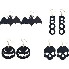 Halloween black leather earrings, skeletons, bats, scary pumpkins. Party themed earrings (4PCS)