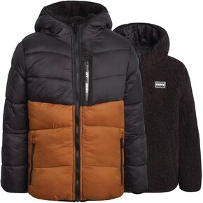 DKNY Boys' Puffer Jacket - Full Zip Up Hooded Reversible Puffer to Sherpa Winter Jacket - Heavyweight Jackets for Boys (8-20)