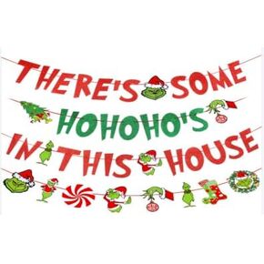 لافتة لامعة باللون الاحمر والاخضر مطبوع عليها عبارة «There Some Ho Ho Hos In This House» لتزيين لافتة الكريسماس وحفلات الكريسماس وحفلات العطلات والمنزل والمكتب والمدفأة