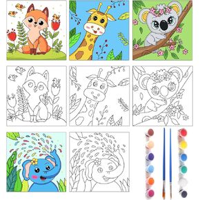 4 Pcs Kids Pre Drawn Canvas to Paint, 8 x 8 Inch Canvas Painting Kits with 12 Acrylic Paint Sets and 2 Brushes, Pre Sketched Canvas Set for Painting for Girls Boys Beginner Artists (Cute Animal)