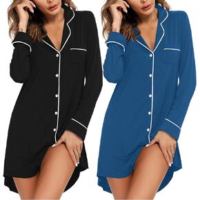 Ekouaer 2 Pack Nightgowns for Women Long Sleeve Night Shirt Button Down Sleep Shirt V-Neck Sleep Dress Pajama Sleepwear