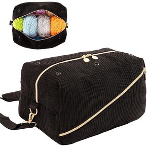 Crochet Bag Organizer, Yarn Storage Bag for Crochet Kits, Crochet Hooks, Needles and Accessories, Knitting Bag with Shoulder Strap for Carrying Project (Black)