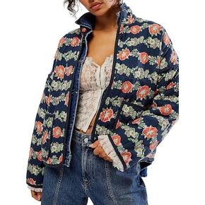 Arssm Women's Cropped Puffer Quilted Jacket Lightweight Long Sleeve Padded Floral Print Puffy Cardigan Outwear Coat
