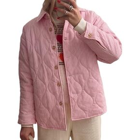 Muineobuka Women Striped Quilted Jackets Lapel Button Front Stripe Contrast Color Lightweight Padded Quilted Jacket Outwear