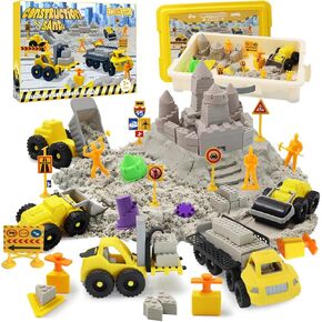 Magic Sand Construction Kit - 3lbs Sand, 5 Vehicles, 11 Molds, 8 Tools, 7 Signs, 4 Workers, Building Toys for Ages 3-8+