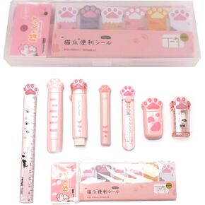 9 Pcs Cute Cat Paw Stationery Set Pencil Sharpener Retractable Eraser Correction Tape Sticky Notes Ruler Mini Scissors Utility Cutter School Office Supplies (Pink)