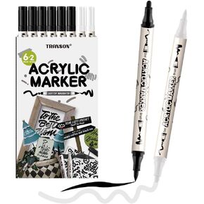 TRANSON 12 Colors Bold and Brush Dual-tip Acrylic Paint Marker Pen Set for Canvas Rock Wood Leather Ceramic DIY Painting
