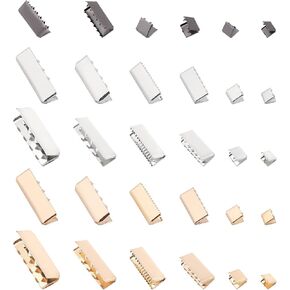 PH PandaHall Clamp Crimp Ends, 38pcs 7 Styles Brass Ribbon Crimp Ends Belt Buckle End Tip Suede End Fasteners for Leather Webbing Belt Ending Clip Repair Jewelry Making, Light Gold/Platinum/Gunmtal