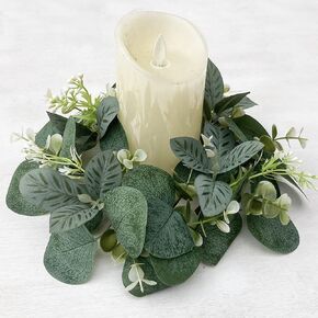 2 Pieces Candle Rings, Candle Rings Wreaths 3 Inch Center Artificial Eucalyptus Leaves Wreaths Small Boho Wreath Pillar Candle Holder for Wedding Home Door Tabletop Decor(B)