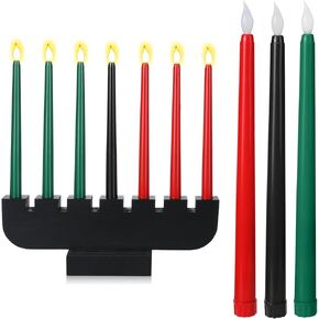8 Pcs Kwanzaa Kinara Set Kwanzaa Candles Flameless Battery Powered Electric Candles Flameless Taper Candle with Kinara Candle Holder Wood Candle Stand for Kwanzaa Decorations (Black Holder)