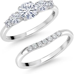 Gem Stone King 10K White Gold White Moissanite and White Lab Grown Diamond 5 Stone Bridal Engagement Wedding Ring Set For Women (0.81 Cttw, Round: 5MM and 3MM, Available in Size 5,6,7,8,9)