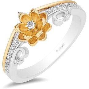 Jewelili Enchanted Disney Fine Jewelry Sterling Silver and 10K Yellow Gold 1/8 Cttw Natural White Round Diamond Tiana Engagement Ring