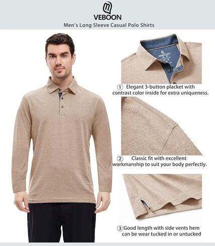 VEBOON Men's Polo Shirts Long and Short Sleeve Cotton Blend Heather Moisture Wicking Casual Collared Shirts in Saudi Arabia