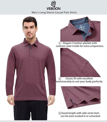 VEBOON Men's Polo Shirts Long and Short Sleeve Cotton Blend Heather Moisture Wicking Casual Collared Shirts in Saudi Arabia