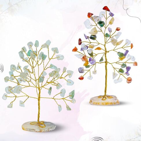 Amethyst & Rose Quartz Gemstone Tree of Life - Geode Agate Slice Base, Crystal Tree for Positive Energy, Attract Good Luck, Chakra Tree of Life, Mini Money Tree, Feng Shui Decor, Gift (Set of 2) in Saudi Arabia