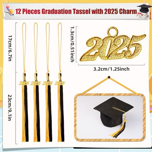 12 Pieces Graduation Tassel with 2024 Charm for Graduation Cap, Charm Graduation Tassel Decorations for Graduation Ceremony Graduation Party Supplies Accessories(Black, 2024) in Kuwait