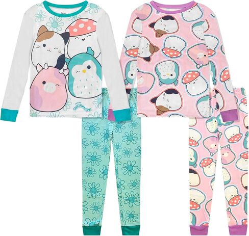 Squishmallows 4 Piece Pajama Set - Girls PJ Set with Long Sleeve Shirt & Pants - Pink Sleepwear Set - Official License in Saudi Arabia