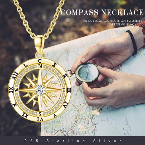 925 Sterling Silver Compass Necklaces Compass Pendant Jewelry Travel Necklace Inspirational Graduation Jewelry for Women and Men Birthday Holiday Valentine's Day Christmas in Saudi Arabia