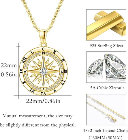 925 Sterling Silver Compass Necklaces Compass Pendant Jewelry Travel Necklace Inspirational Graduation Jewelry for Women and Men Birthday Holiday Valentine's Day Christmas in Saudi Arabia