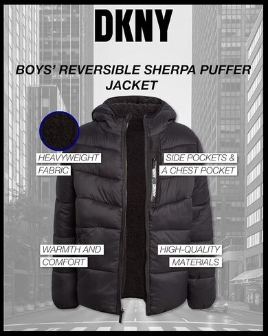 DKNY Boys' Puffer Jacket - Full Zip Up Hooded Reversible Puffer to Sherpa Winter Jacket - Heavyweight Jackets for Boys (8-20) in Saudi Arabia