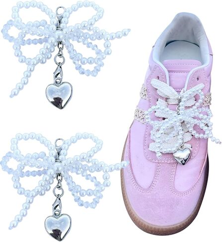 Lopau Pearl Bowknot Shoe Charms for Sneakers Shoelaces Decorations Clips Beaded Chain Buckle for Women Girl DIY Casual Shoe Lace Charms Accessories in Kuwait