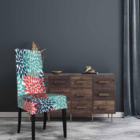 1 Pack Multicolor Dahlia Flower Dining Room Chair Covers Fireworks Drops Colorful Flower Petal Short Stretchable Polyester Removable Washable for home Restaurant Banquet in Kuwait