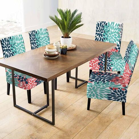 1 Pack Multicolor Dahlia Flower Dining Room Chair Covers Fireworks Drops Colorful Flower Petal Short Stretchable Polyester Removable Washable for home Restaurant Banquet in Kuwait