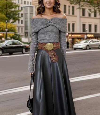 Gleamart Round Disc PU Leather Belt Vintage Western Cowboy Style Wide Belt Gift For Women in Kuwait