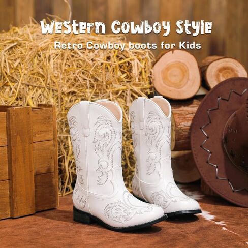 Cowgirl Boots for Girls Boys Kids Cowboy Riding Boots Western Embroidery Mid-Calf Square Toes Girl Shoes Birthday Party Toddler/Little Kid/Big Kid in Kuwait