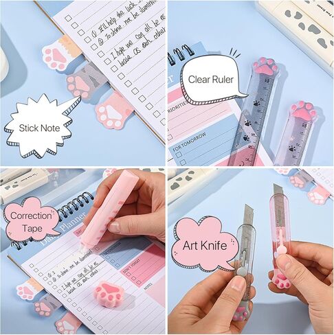 9 Pcs Cute Cat Paw Stationery Set Pencil Sharpener Retractable Eraser Correction Tape Sticky Notes Ruler Mini Scissors Utility Cutter School Office Supplies (Pink) in Saudi Arabia