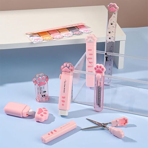 9 Pcs Cute Cat Paw Stationery Set Pencil Sharpener Retractable Eraser Correction Tape Sticky Notes Ruler Mini Scissors Utility Cutter School Office Supplies (Pink) in Saudi Arabia
