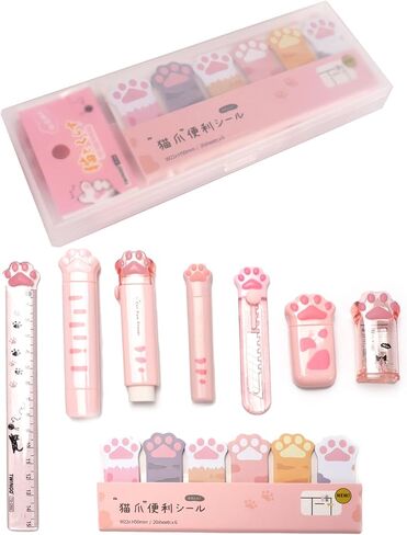 9 Pcs Cute Cat Paw Stationery Set Pencil Sharpener Retractable Eraser Correction Tape Sticky Notes Ruler Mini Scissors Utility Cutter School Office Supplies (Pink) in Saudi Arabia