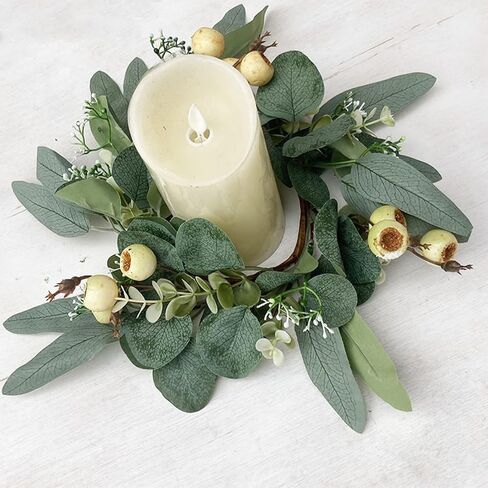 2 Pieces Candle Rings, Candle Rings Wreaths 3 Inch Center Artificial Eucalyptus Leaves Wreaths Small Boho Wreath Pillar Candle Holder for Wedding Home Door Tabletop Decor(B) in Saudi Arabia