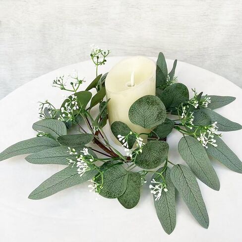 2 Pieces Candle Rings, Candle Rings Wreaths 3 Inch Center Artificial Eucalyptus Leaves Wreaths Small Boho Wreath Pillar Candle Holder for Wedding Home Door Tabletop Decor(B) in Saudi Arabia