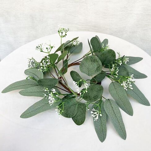 2 Pieces Candle Rings, Candle Rings Wreaths 3 Inch Center Artificial Eucalyptus Leaves Wreaths Small Boho Wreath Pillar Candle Holder for Wedding Home Door Tabletop Decor(B) in Saudi Arabia