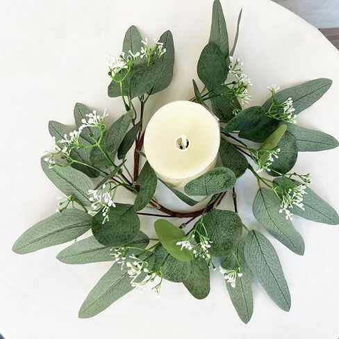 2 Pieces Candle Rings, Candle Rings Wreaths 3 Inch Center Artificial Eucalyptus Leaves Wreaths Small Boho Wreath Pillar Candle Holder for Wedding Home Door Tabletop Decor(B) in Saudi Arabia