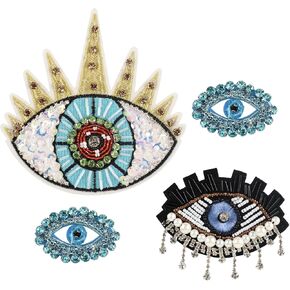 Evil Eye Beaded Patches, 4pcs Eye Rhinestone Sew-on Patches for DIY Cloth, Bags, Fabric Decor