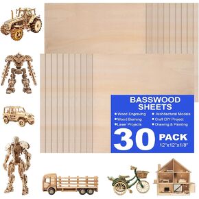30 Pack 12"x12"x1/8" Basswood Sheets for Crafts,3mm Craft Wood Plywood,Unfinished Wood,for DIY Ornaments and Model Engraving,Wood for Laser Cutting,Architectural Models,Drawing,Wood Burning