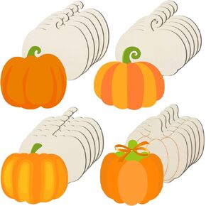 32 Pieces Wooden Pumpkin Cutout Thanksgiving Fall Crafts Pumpkins Unfinished Wood Craft Cutout Blank Paint Pumpkin Shape Cutout for Thanksgiving Halloween Party DIY Decoration 4 Style