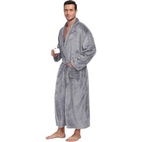 Mens Plush Fleece Robe Soft Shawl Collar Bathrobe Long Fluffy Spa Robes Winter Warm House Robe with Pockets