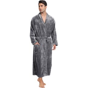 Mens Plush Fleece Robe Soft Shawl Collar Bathrobe Long Fluffy Spa Robes Winter Warm House Robe with Pockets in Kuwait