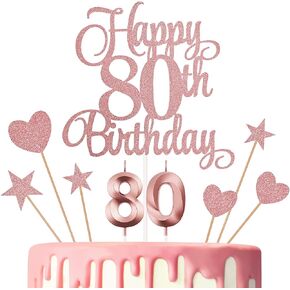 80th Birthday Cake Decorations, 80th Birthday Candles Cake Numeral Candles and Glitter Happy 80th Birthday Cake Toppers Set for Birthday Party Supplies (Rose Gold)